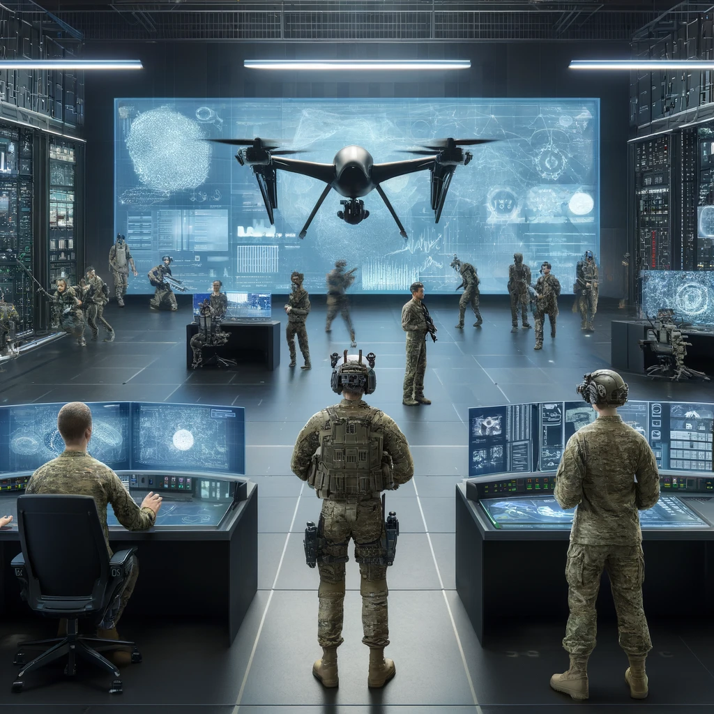Military personnel with advanced technologies.
